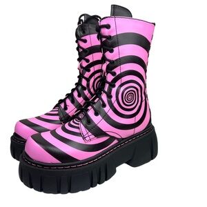 Dolls Kill Current Mood “How Sweet It Is” Spiral Combat Boots Pink Black Size 9